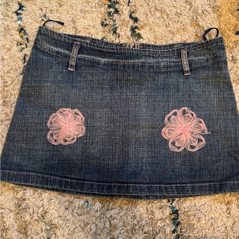 Denim Skirt with Pink Floral Embroidery